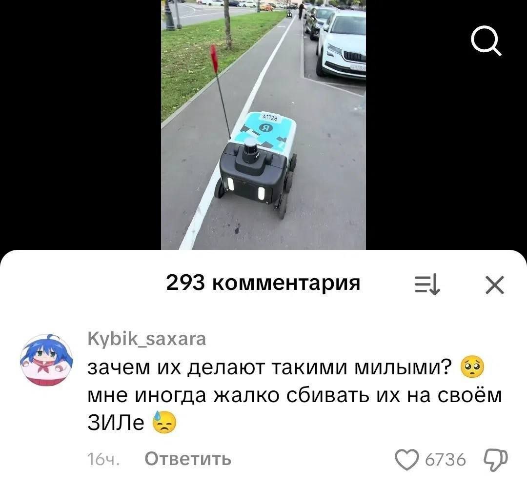 Милый робот-доставщик на велодорожке и комментарий о том, что его жалко сбивать на своём ЗИЛе