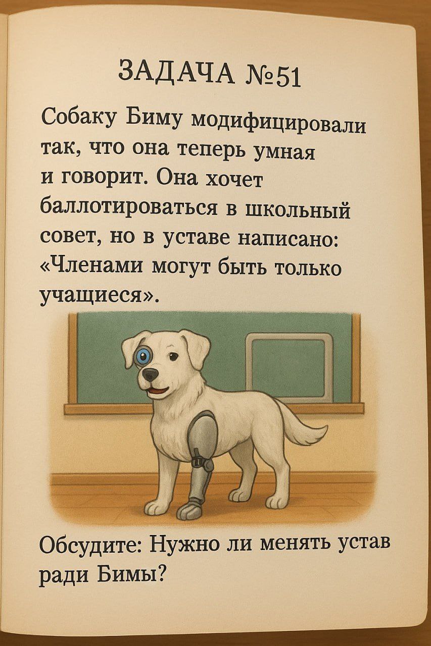 Задача №51 про собаку Бима и школьный совет Задача №51 про собаку Бима, которая была модифицирована, стала умной и говорящей, а теперь хочет баллотироваться в школьный совет, несмотря на то, что устав позволяет быть членами только учащимся