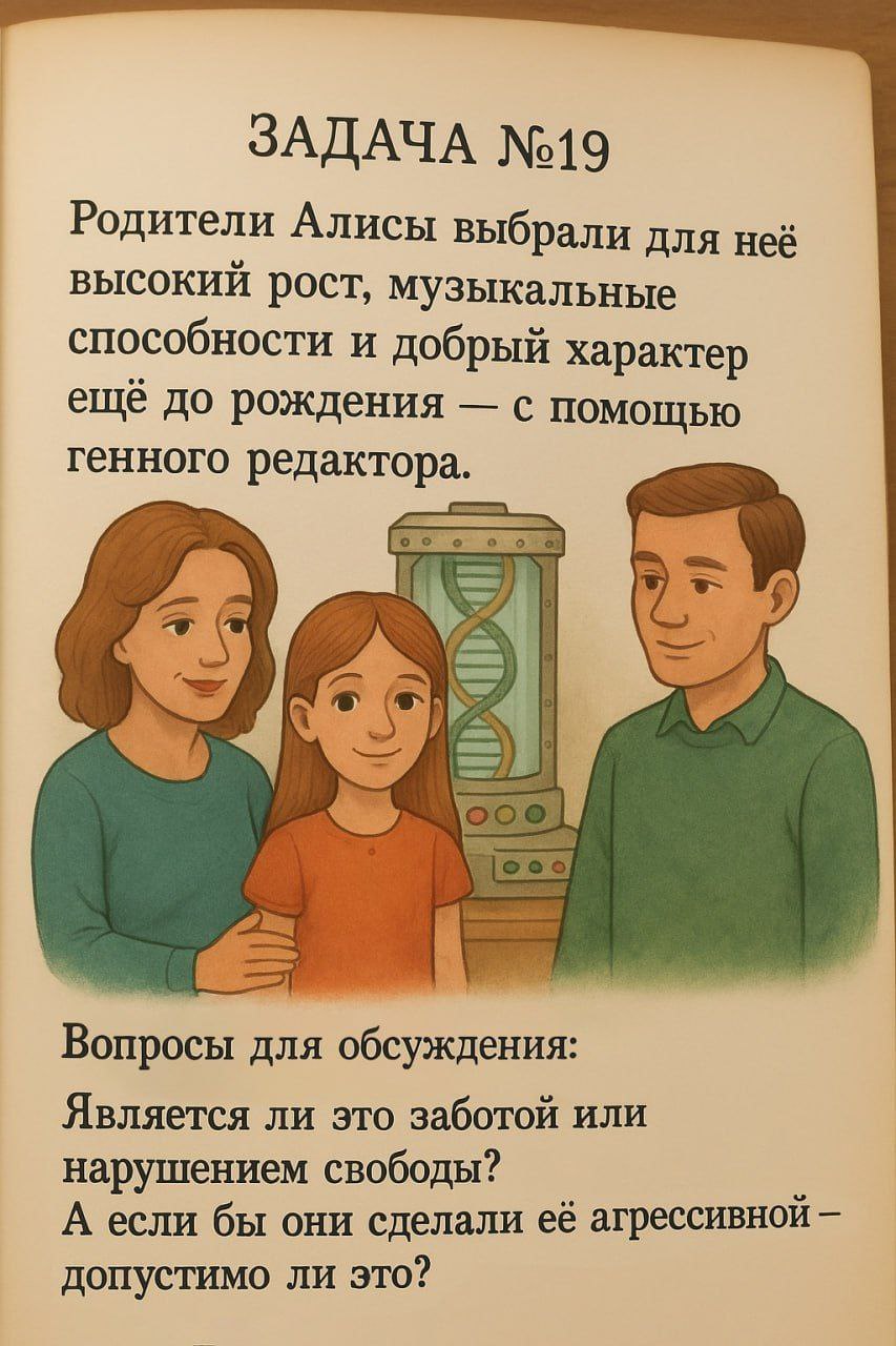 Задача №19 Учебник обществознания Задание №19 с изображением семьи и вопросом про генного редактора