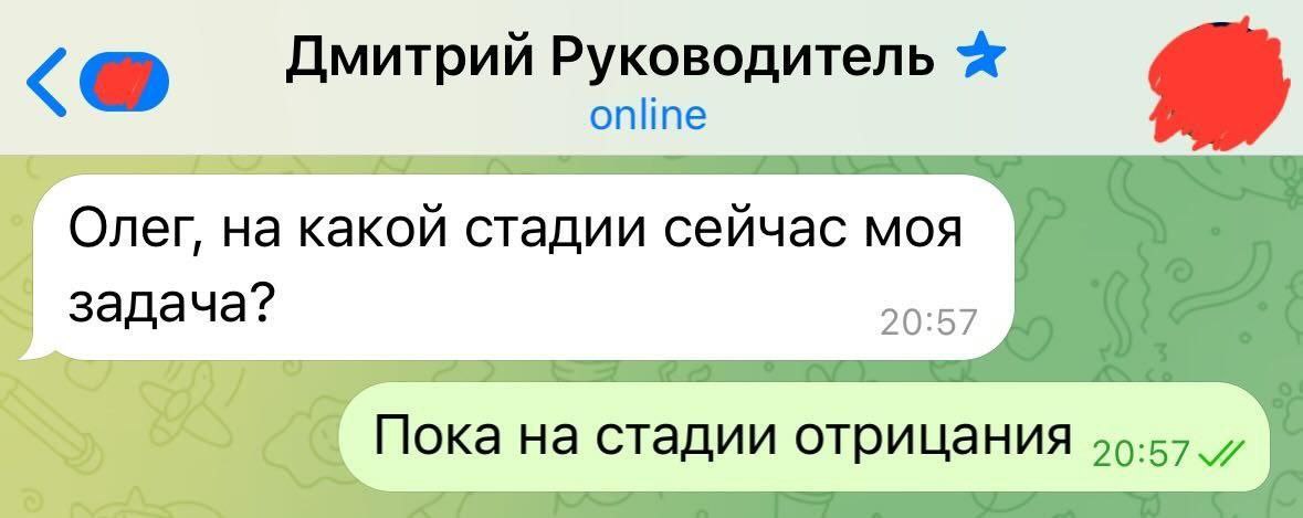 Задача на стадии отрицания Мем про стадии выполнения задачи и отрицание в переписке руководителя с подчиненным Олегом.