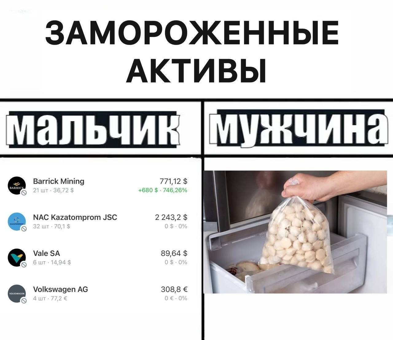 Шутка про «замороженные активы»: слева показаны акции, справа — пакет с замороженными пельменями в морозилке, подписи «мальчик» и «мужчина».
