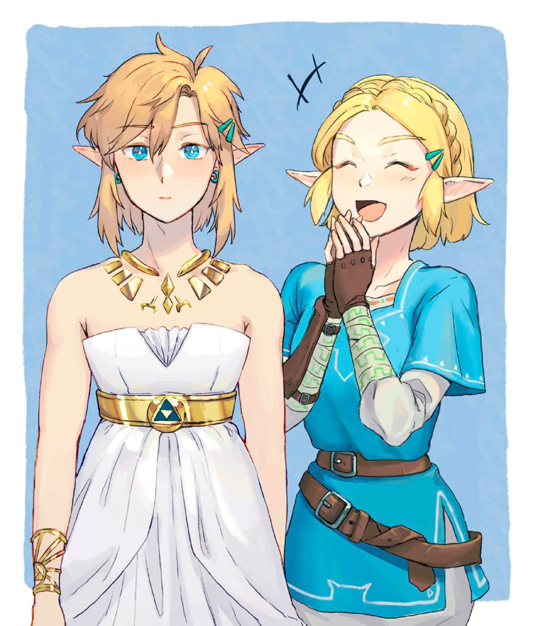 Зельда и Линк поменялись одеждой Принцесса Зельда и Линк из игры Zelda: Breath of the Wild меняются одеждой. Линк в белом платье и золотых украшениях, Зельда смеется в синем костюме Линка.