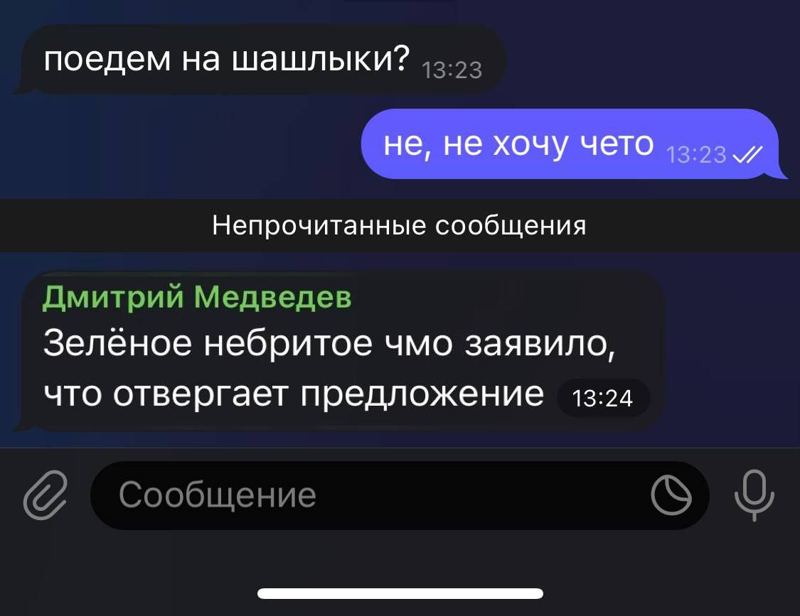 Зелёное небритое чмо заявило, что отвергает предложение Скриншот переписки с Дмитрием Медведевым, где на отказ поехать на шашлыки приходит сообщение о том, что "Зелёное небритое чмо заявило, что отвергает предложение".