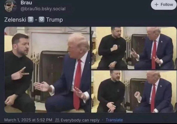 Зеленский 3 - 0 Трамп Зеленский и Трамп в коллаже с надписью «Зеленский 3 - 0 Трамп»