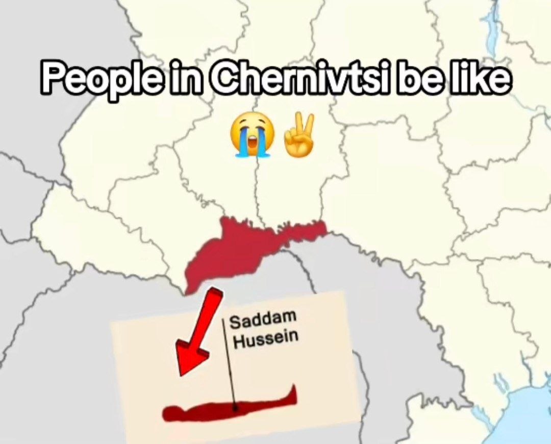 Карта Восточной Европы с выделенной областью, плачущим смайликом и подписью «People in Chernivtsi be like»