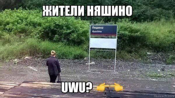 Жители Няшино UWU Мем про жителей Няшино и "uwu" на фоне дорожного указателя.