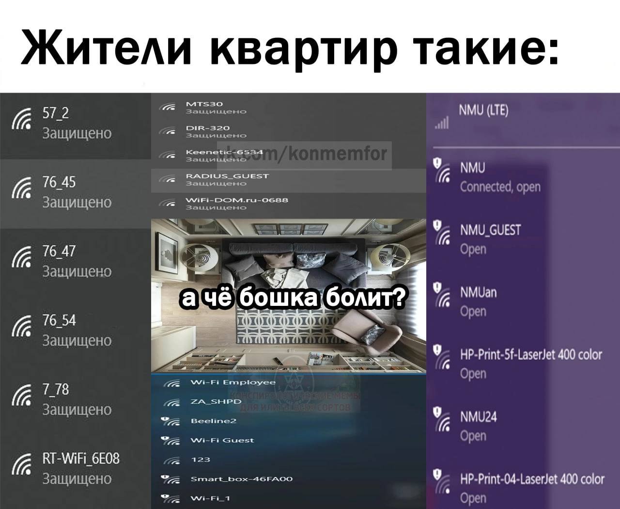 Жители квартир такие: а чё бошка болит Мем с надписью «Жители квартир такие: А чё бошка болит?» и изображением большого количества Wi-Fi сетей.