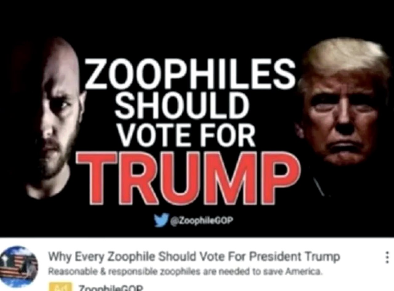 Zoophiles should vote for Trump Объявление «Зоофилы должны голосовать за Трампа» с изображениями лысого мужчины и Дональда Трампа
