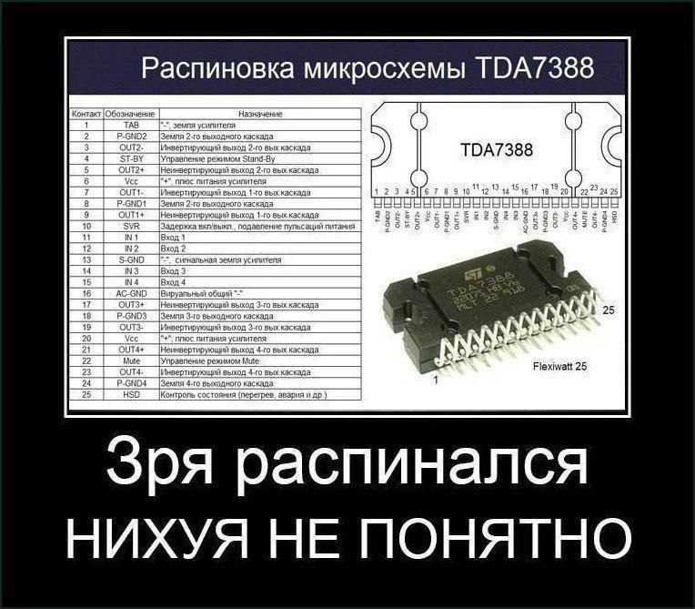 Зря распинался, нихуя не понятно Мем про распиновку микросхемы TDA7388 и надписью «Зря распинался, нихуя не понятно»