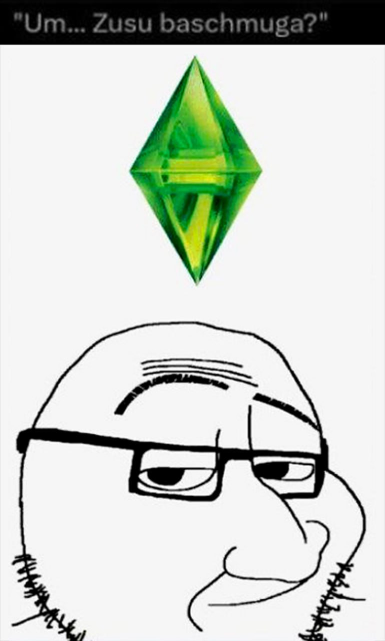 Мем Zusu baschmuga с симом Мем с персонажем из The Sims и зеленым ромбом над головой, говорящим "Um... Zusu baschmuga?"