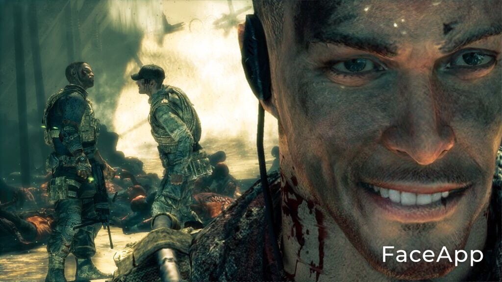 Солдат из Spec Ops: The Line улыбается Мем со счастливым Мартином Уокером из игры Spec Ops: The Line, стоящим на поле боя с другими солдатами и мертвыми телами, после применения к его лицу фильтра FaceApp.
